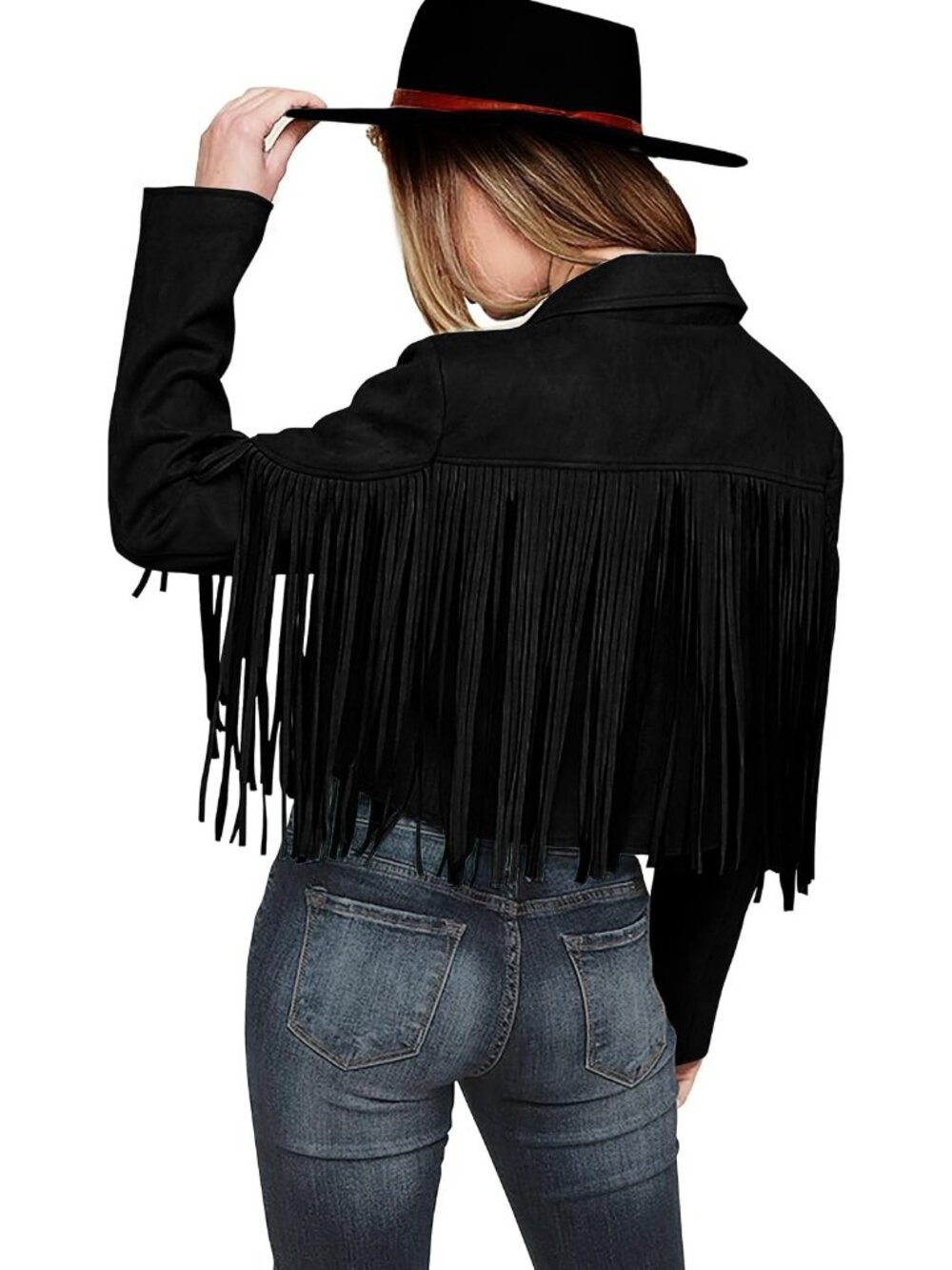Women’s Black Red Fringe Faux Suede Western Leather Jacket Casual Stylish